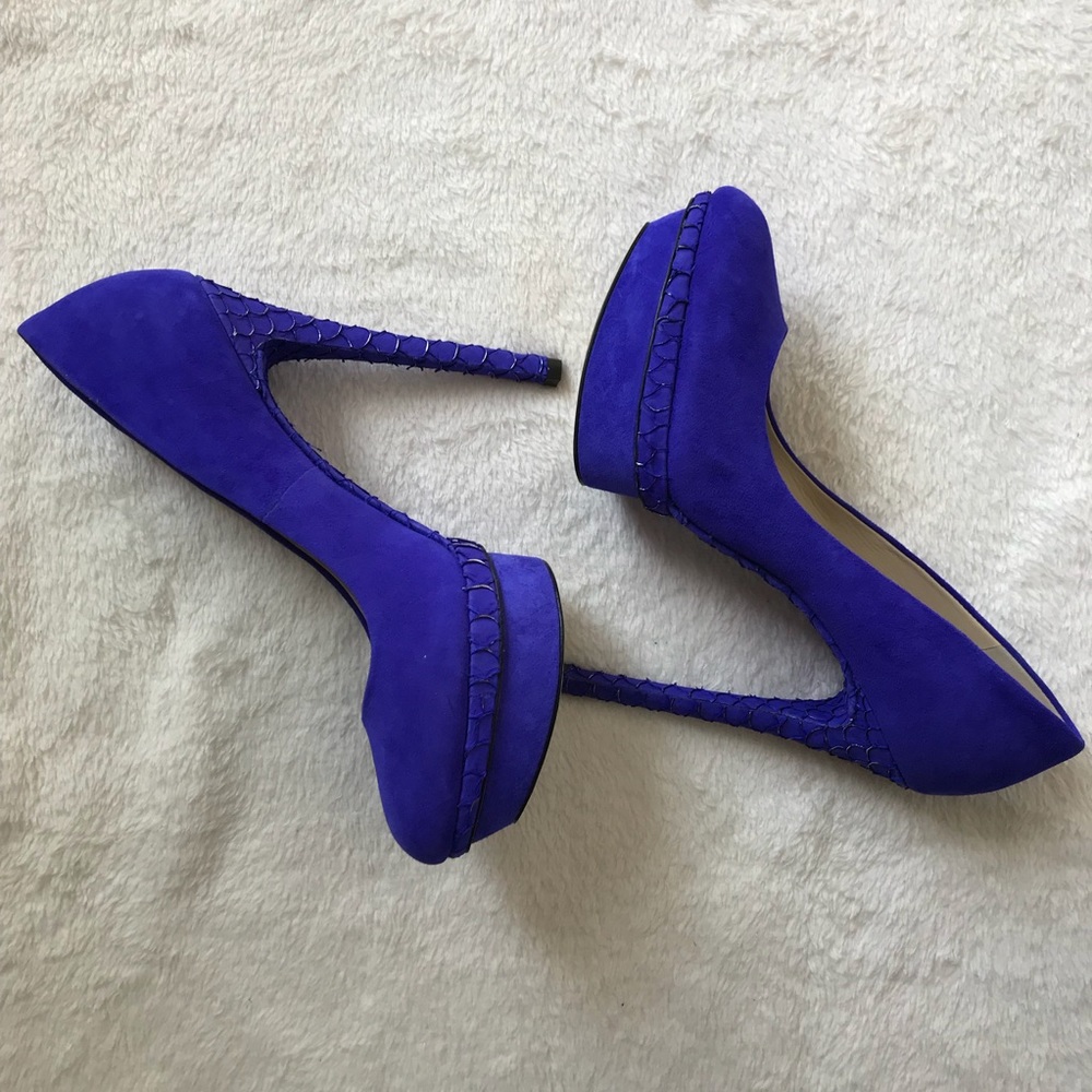 B Brian Atwood Fontanne Purple Ultra Violet Suede and Snake Print Leather Heels - Picture 8 of 13